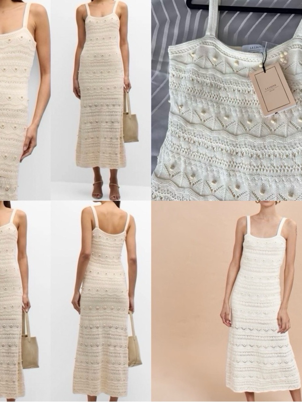 NWT La Ligne Janice Beaded Crochet Sleeveless Cream Midi Dress 100% Cotton - S - Picture 4 of 11